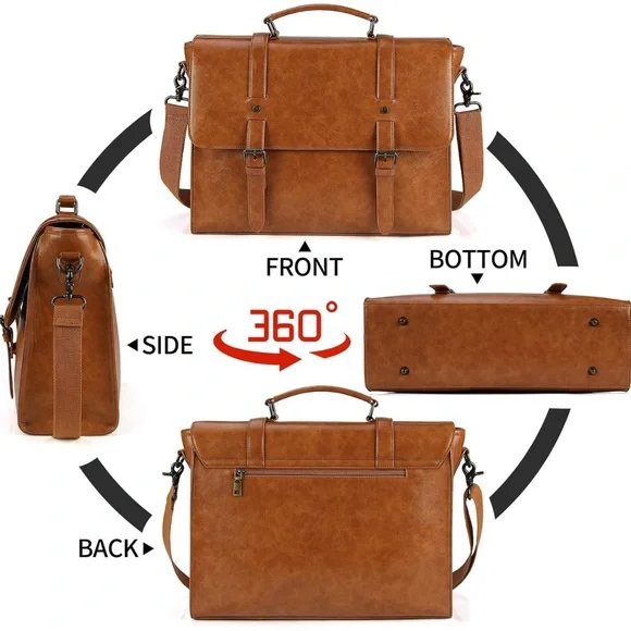 Leather Messenger Bag Vintage 15.6 Inch Laptop Briefcase Satchel Shoulder Bag - Picture 4 of 16